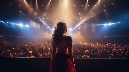 A beautiful female pop star singer giving music concert performance in a huge crowded stadium arena hall on a stage. cool vibe with many fans - obrazy, fototapety, plakaty