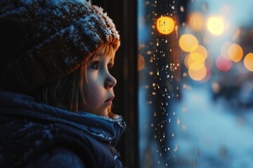 A little girl peering through a window covered in snow. Perfect for winter-themed projects and holiday illustrations