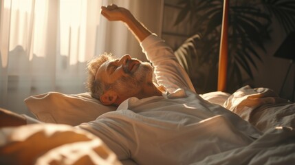 A man laying in bed with his arms up in the air. This image can be used to depict relaxation, stretching, waking up, or feeling refreshed - obrazy, fototapety, plakaty