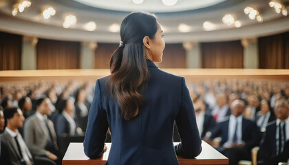 Confident young business woman speaking in conference room