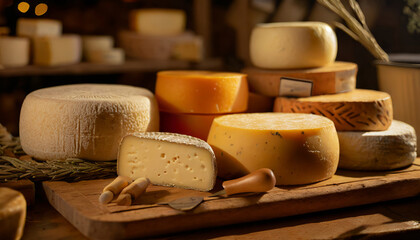 Delicious Assortment of Fresh, Organic Cheeses on a Wooden Table