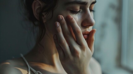A woman with her hands covering her face in a moment of despair. This image can be used to depict stress, anxiety, or emotional distress - obrazy, fototapety, plakaty