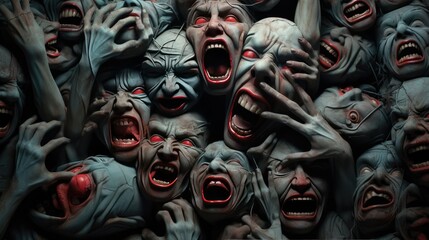 chilling artistic representation of pain and terror with group of frightened faces. high-quality image for spooky graphic design and creative illustration - obrazy, fototapety, plakaty