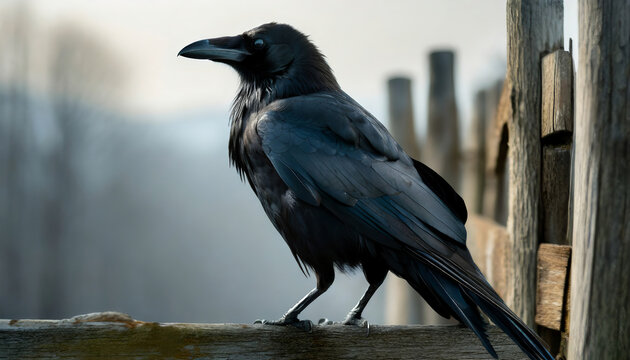 Close-up of a black raven against a cloudy city background