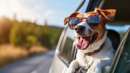 A picture of a dog wearing sunglasses and sticking its head out of a car window. Perfect for capturing the joy and excitement of a road trip with your furry friend - obrazy, fototapety, plakaty