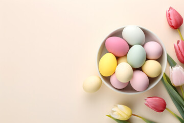 Fototapeta premium easter card, easter bunny with eggs, easter eggs and flowers, easter eggs in a basket, easter eggs and flowers on a white background, easter wall paper and background for social media