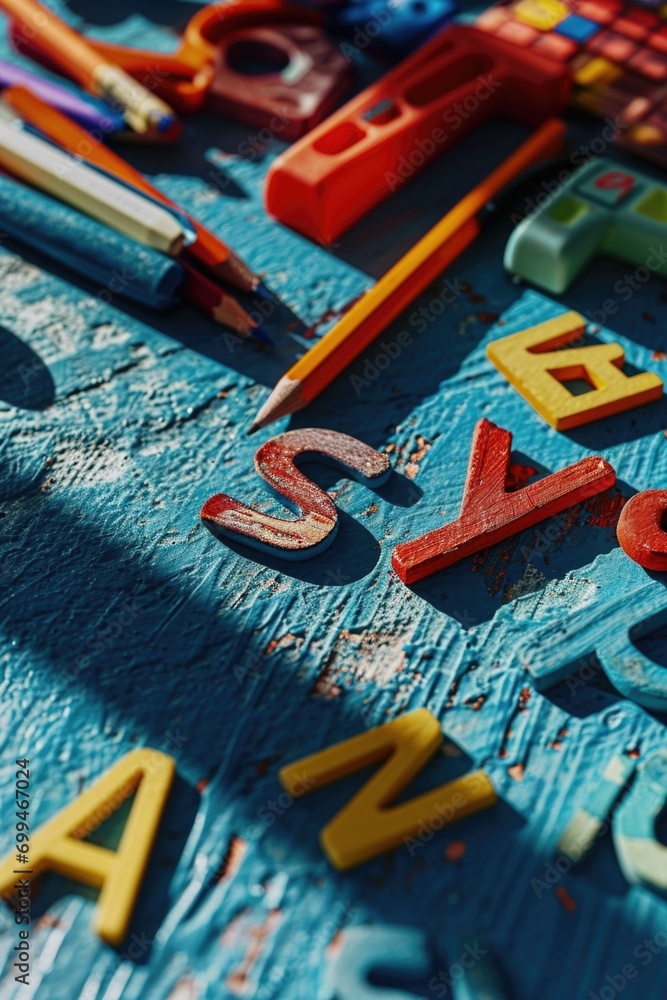 Poster A table covered with an array of vibrant wooden letters. Perfect for educational or creative projects