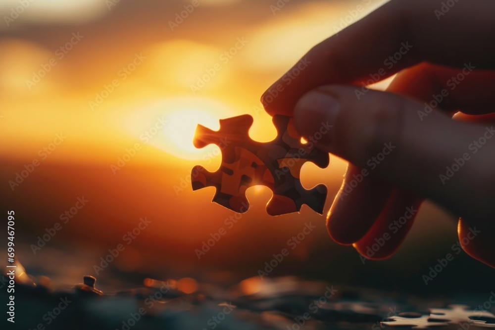 Poster A person is holding a piece of a puzzle in front of a beautiful sunset. This image can be used to represent problem-solving, teamwork, or finding solutions