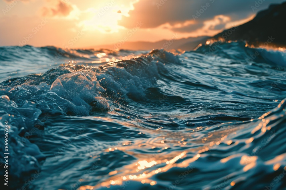 Poster a close up of a wave in the ocean at sunset. perfect for capturing the beauty of nature and the calm