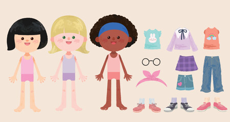 Dress up game for kids girls of different skin colors clothes shoes
