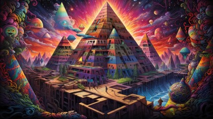 vibrant fantasy landscape with floating pyramids and celestial bodies. surreal scenery digital art for creative design project