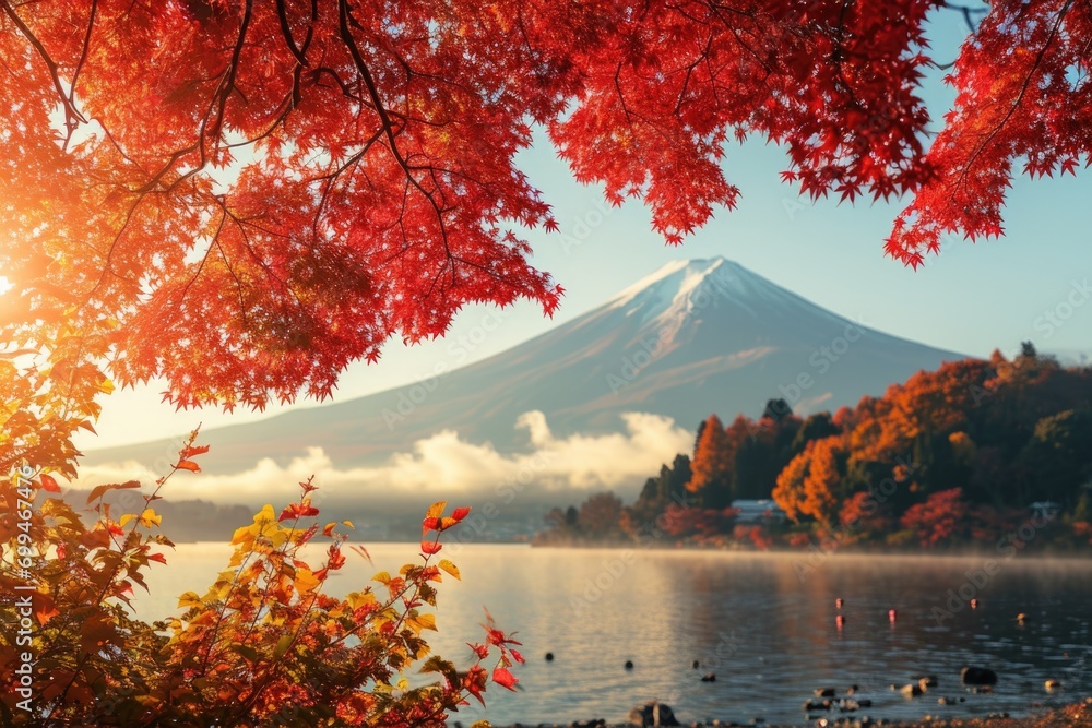 Poster a scenic view of a mountain with a serene lake in the foreground. perfect for travel and nature-them
