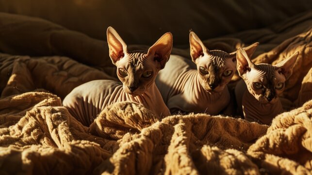 Three adorable sleeping kittens peacefully resting on a cozy blanket. Perfect for pet-themed designs and promotions