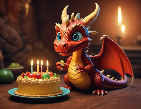 cartoon dragon with cake. holiday, birthday