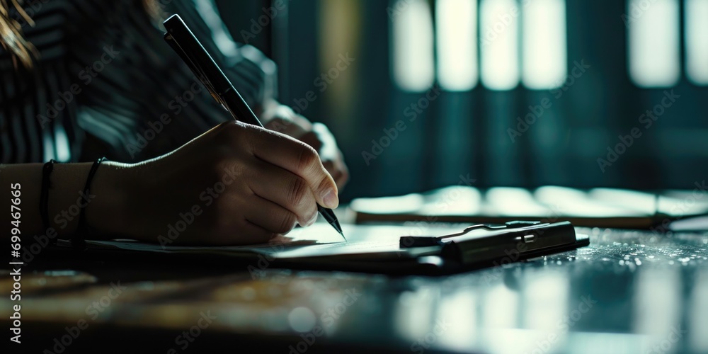 Poster a person is seen writing on a piece of paper with a pen. this image can be used for various purposes
