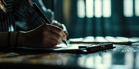 A person is seen writing on a piece of paper with a pen. This image can be used for various purposes - obrazy, fototapety, plakaty