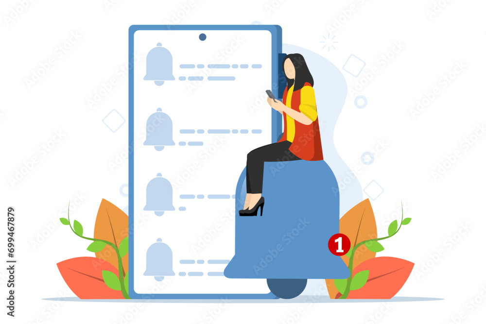 Poster concept of notification of new messages or other notifications. smart phone with notification. woman