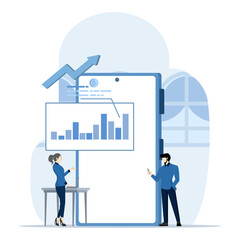 Concept of business idea planning strategy, brainstorming, analytical. Data analysis for business financial investment with businessman working on monitor graph dashboard. Flat vector illustration.