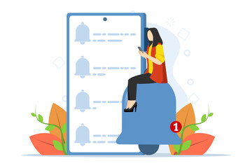 Concept of notification of new messages or other notifications. smart phone with notification. woman sitting by the phone with a new email message on the phone. Warning message. Unread emails. - obrazy, fototapety, plakaty