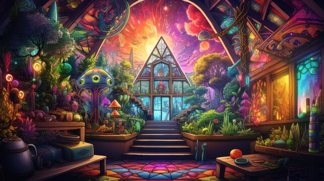 stunning artistic rendering of a room with a view. psychedelic interior meets surreal nature in a high-resolution digital painting