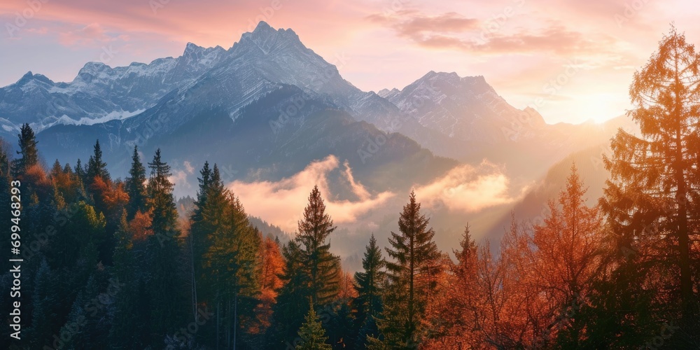 Poster A scenic view of a mountain range with tall trees in the foreground. Perfect for nature enthusiasts and outdoor adventure themes