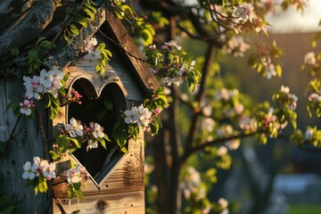 A charming wooden birdhouse featuring a heart-shaped window. Perfect for adding a touch of whimsy to any garden or backyard - Powered by Adobe