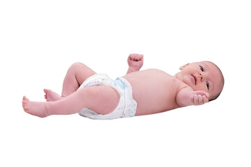 Baby infant boy lies in a diaper on the changing table, isolated on a white background. Happy child changing clothes. Kid aged two months