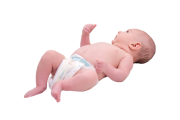 Baby infant boy lies in a diaper on the changing table, isolated on a white background. Happy child changing clothes. Kid aged two months