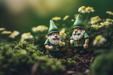 Irish gnomes with clover for good luck on St. Patrick's Day. Generative AI