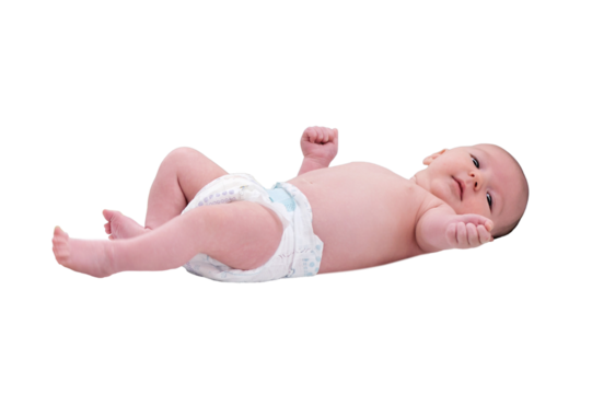 Baby infant boy lies in a diaper on the changing table, isolated on a white background. Happy child changing clothes. Kid aged two months