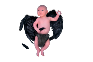 A newborn baby boy with black demon wings, isolated on a white background. An infant caucasian child in a diaper aged one month