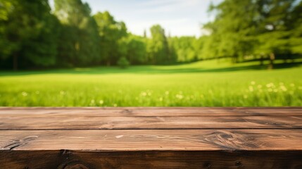 Empty wooden table on a background of green grass real photo - obrazy, fototapety, plakaty