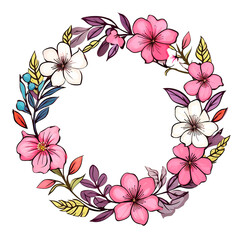 Floral wreath with pink flowers and leaves