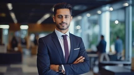 Fototapeten Portrait of a handsome smiling asian indian businessman boss in a suit standing in his modern business company office. his workers standing in the blurry background © Zainab