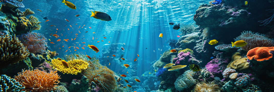 Wonderful and beautiful underwater world with corals and tropical fish.