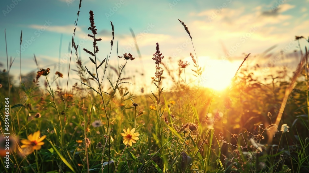 Poster A stunning field of wildflowers with the sun setting in the background. Perfect for nature lovers and those seeking a peaceful and vibrant scene