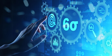 Six sigma DMAIC Industrial process optimisation concept on virtual screen.