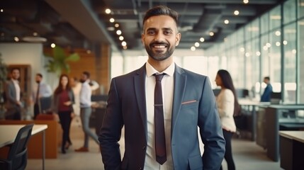 Portrait of a handsome smiling asian indian businessman boss in a suit standing in his modern business company office. his workers standing in the blurry background