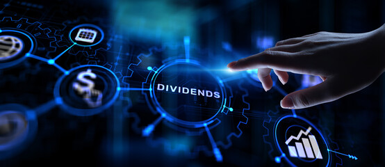 Dividends button on virtual screen. Return on Investment ROI financial business wealth concept.