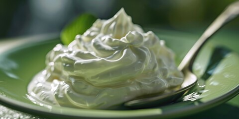A green plate topped with whipped cream and a spoon. Perfect for food blogs and recipe websites