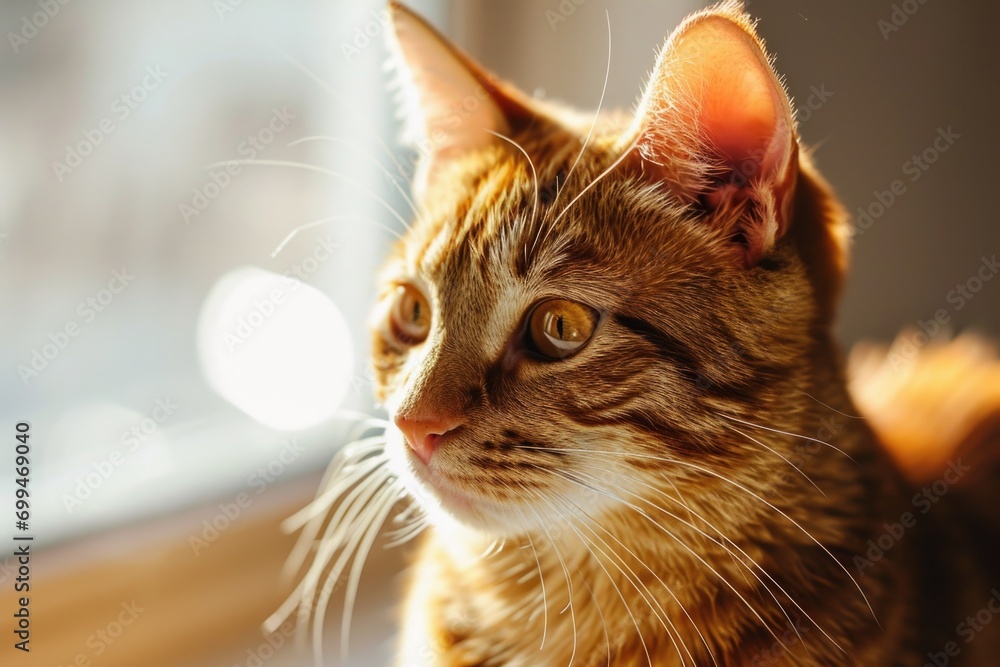 Poster a close-up of a cat looking out a window. this picture can be used to depict curiosity, observation,