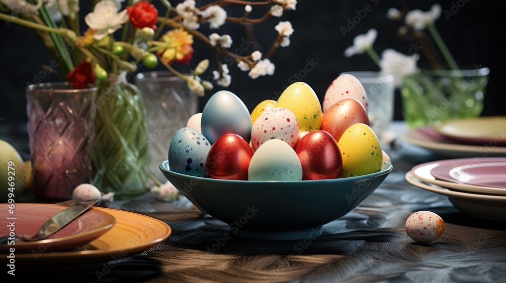 Aufkleber a table with colorful eggs and plates. generative ai.
