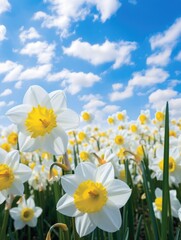 Fototapeta premium White and yellow daffodils in a field with blue sky. Generative AI.