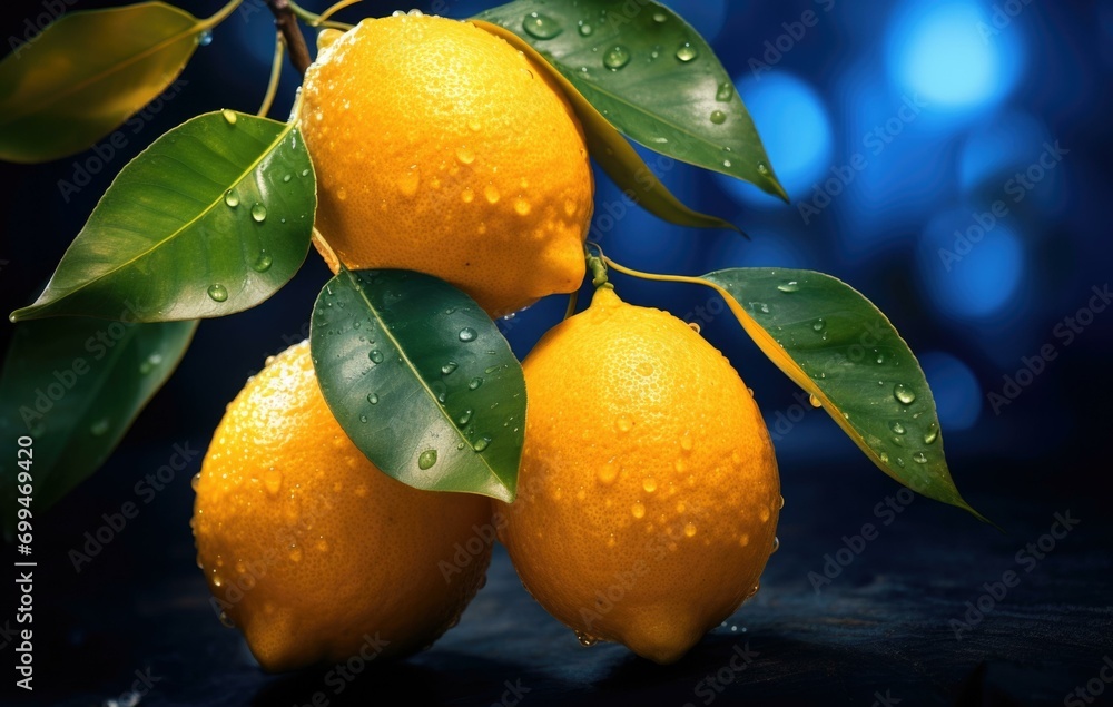 Poster Three lemons are on a branch with water drops. Generative AI.