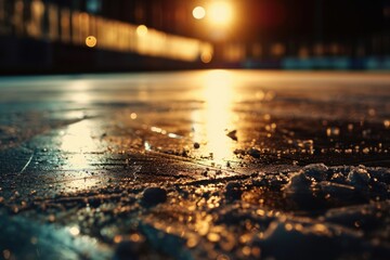 A wet street at night with a street light in the background. Suitable for urban, cityscape, or rainy day themes
