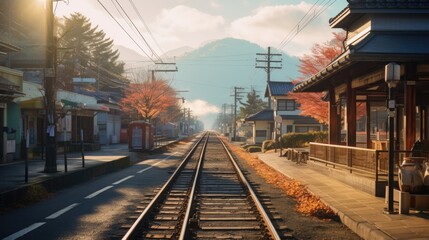 A beautiful japanese village city town in the morning. railway station with shop © Zainab