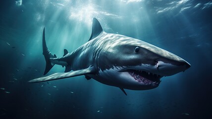 close up horizontal view of a great white shark floating in the sunlight coming through the water...
