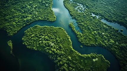 aerial drone view of the amazonian forest and tropical river water ways AI generated - obrazy, fototapety, plakaty