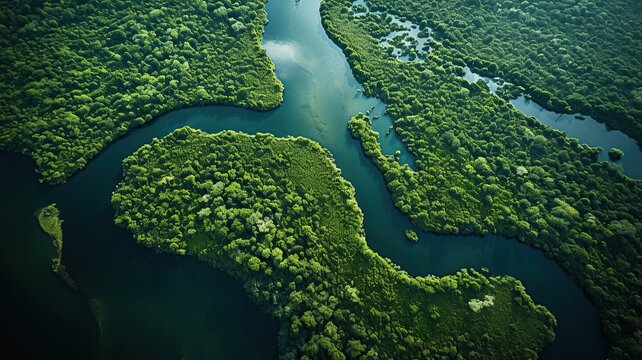 aerial drone view of the amazonian forest and tropical river water ways AI generated