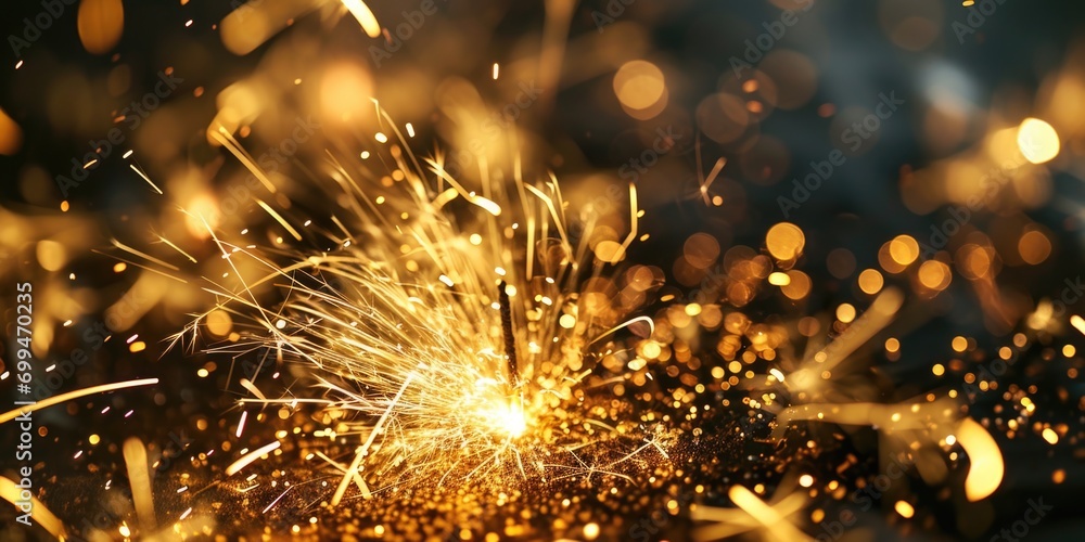 Poster a close-up view of a sparkler, emitting bright sparks, against a dark background. perfect for celebr